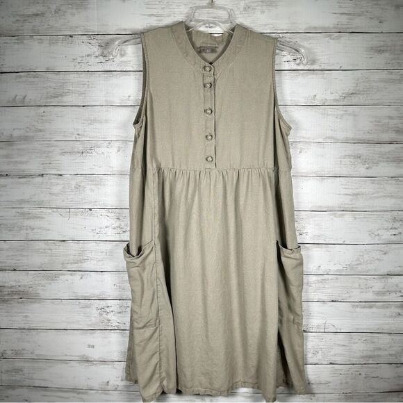 J. Jill Linen Side Pockets Knotted Button Taupe Sleeveless Dress M - Picture 1 of 10